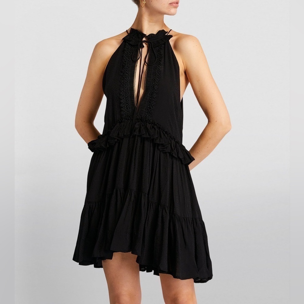 NWT Evarae Eloise Mini Dress Ruffle Lace Boho Cover Up Beachy Black Sz 6